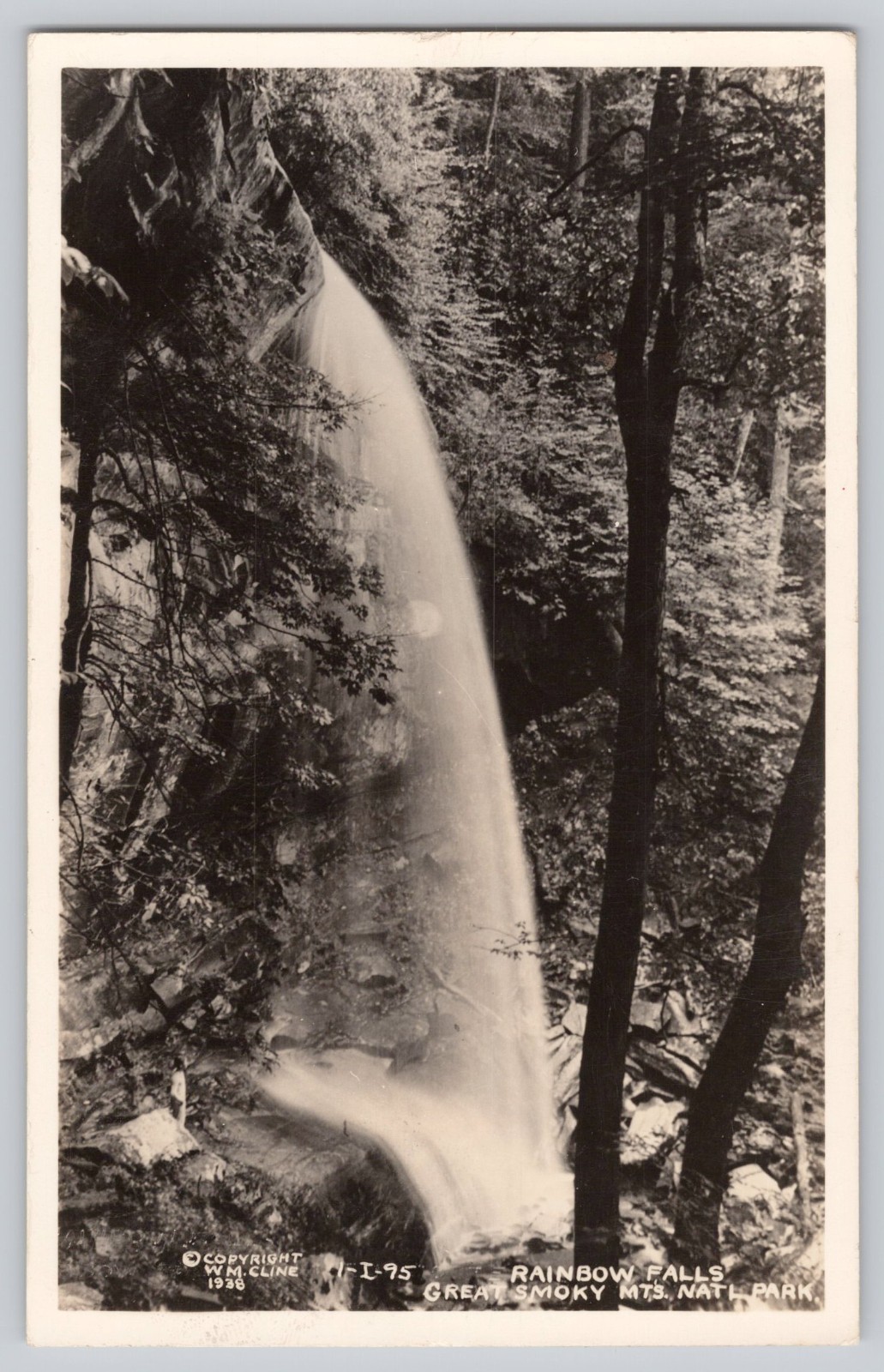 Rainbow Falls Great Smoky Mountains Tennessee 1938 Waterfall RPPC Postcard