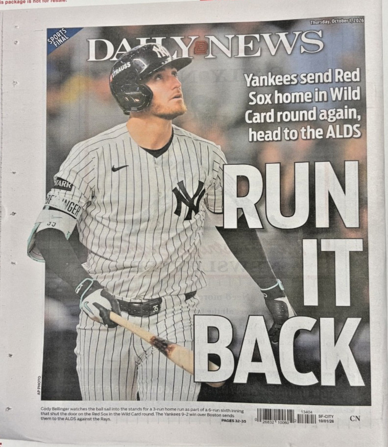 Cody Bellinger Yankees Beat Red Sox Win Wild Card NY Daily News 10/1/2026