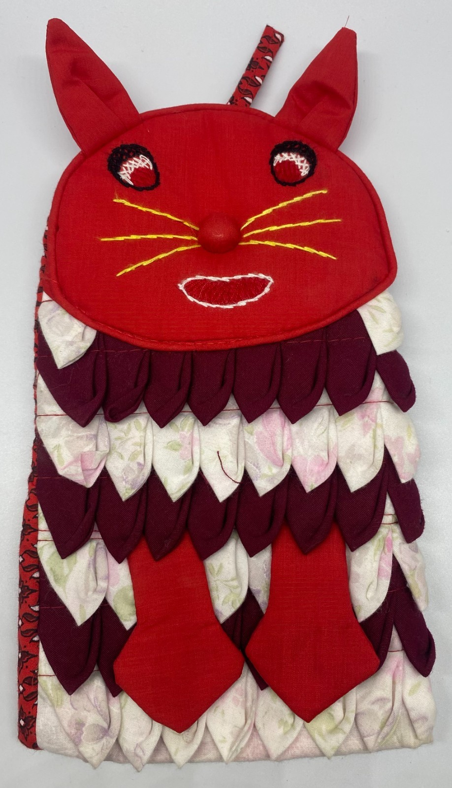 Vintage Handmade Red Cat Oven Mitt Patchwork Fabric Folded Ruffles Folk Art Vintage Handmade Red Cat Oven Mitt Patchwork Fabric Folded Ruffles Folk Art