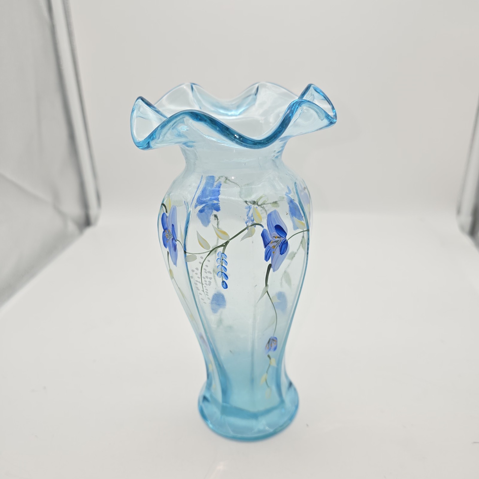 Vintage Fenton Aqua Vase Ruffled Edge Hand Painted 7.75" Tall Vintage Fenton Aqua Vase Ruffled Edge Hand Painted 7.75" Tall