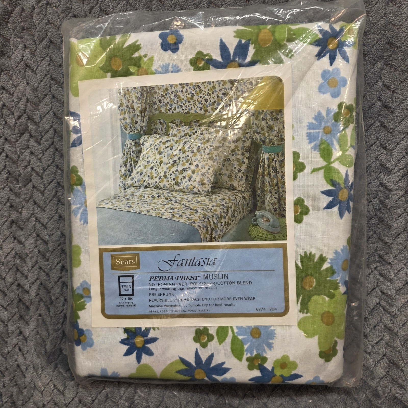 Vintage Sears Fantasia Perma Prest Muslin Twin Flat Sheet NOS Blue Green Floral Vintage Sears Fantasia Perma Prest Muslin Twin Flat Sheet NOS Blue Green Floral