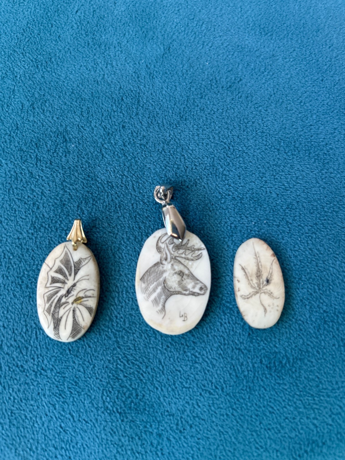 Lot of 3 Vintage Hand Etched Scrimshaw Pendants Deer and Floral Folk Art