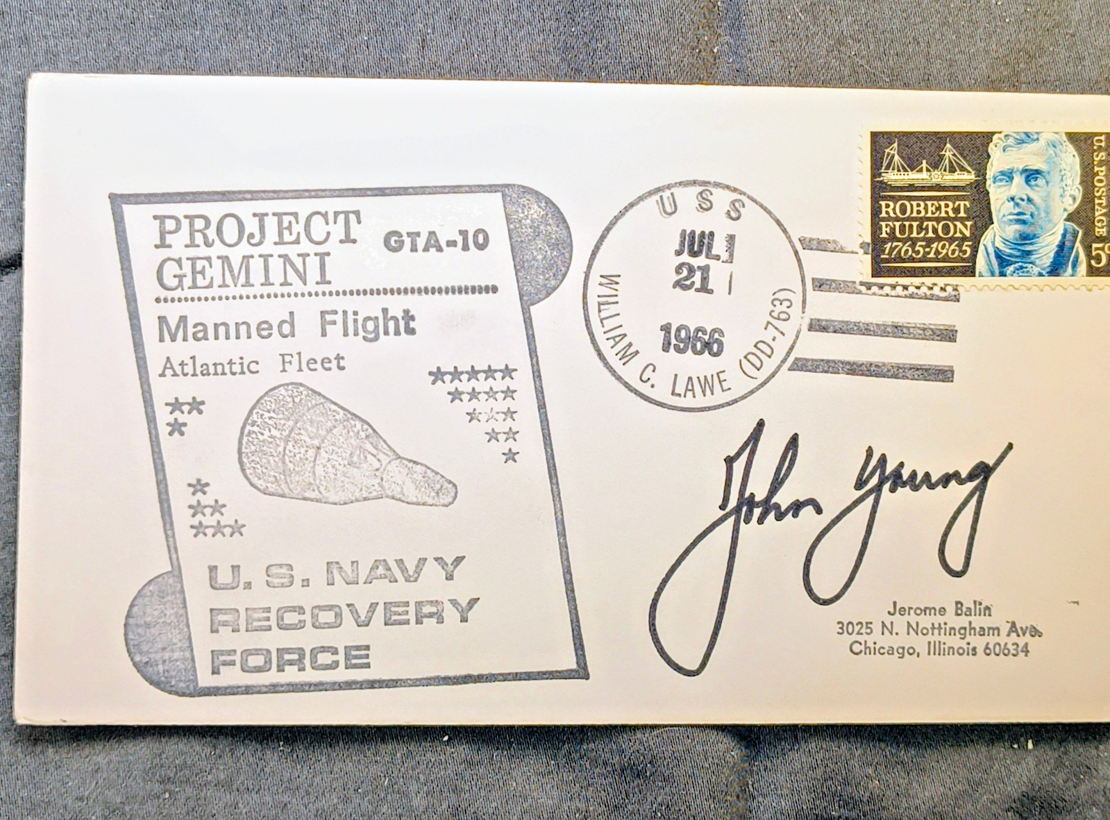 Gemini 10 Recovery Cover USS William C Lawe JUL 21 1966 John Young signature Gemini 10 Recovery Cover USS William C Lawe JUL 21 1966 John Young signature