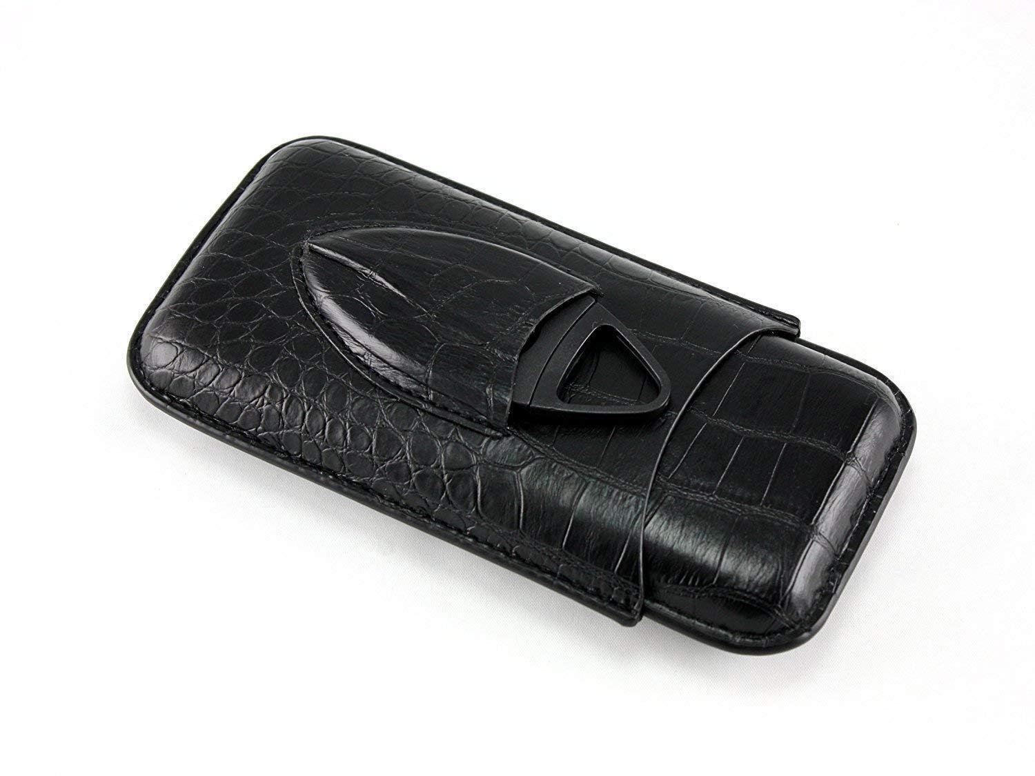Black Crocodile Leather Travel 3 Cigar Case Holder with Cigar Cutter 