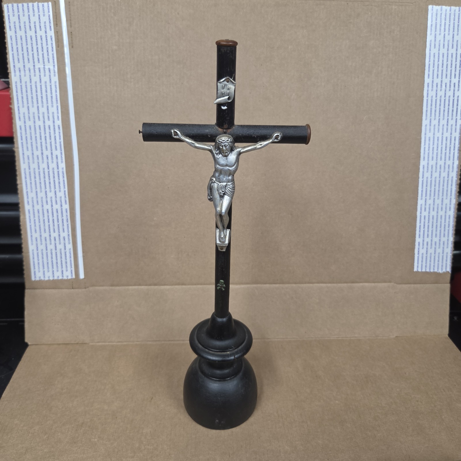 ??? 19TH Antique French Blacked Wood Christ Crucifix Religious 12" tall