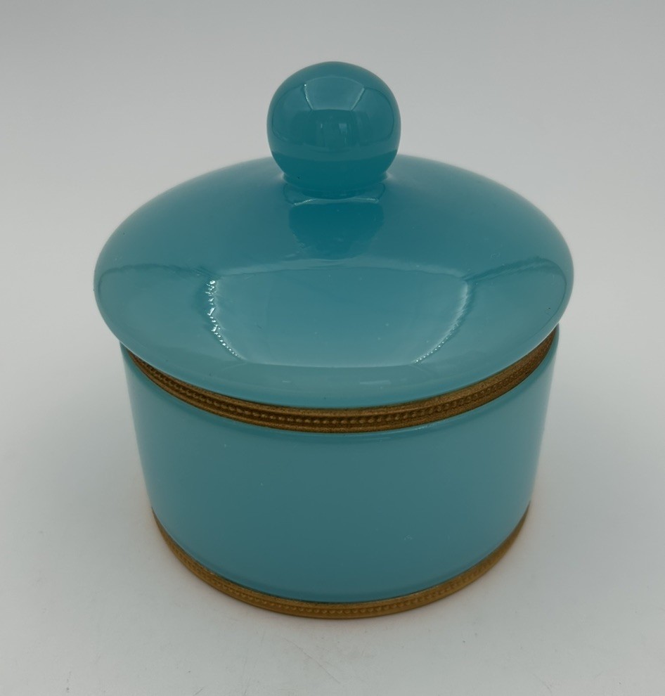 Vintage Vincenzo NASON MCM Italian Blue Opaline Glass Dresser Jar Box Beaded Rim