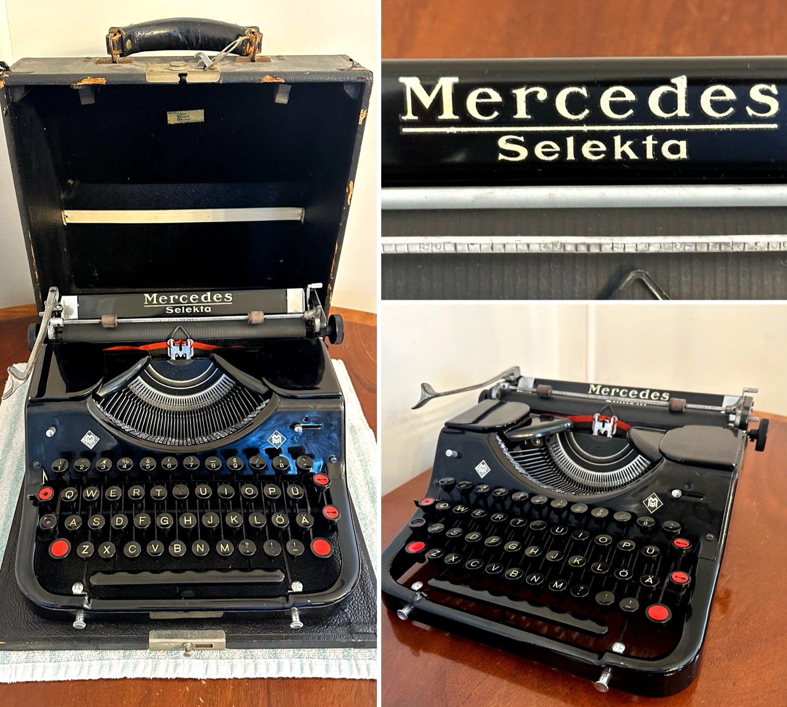 Vtg 1938 MERCEDES Selekta Glossy Black Deco Umlaut Typewriter w/ Case Germany