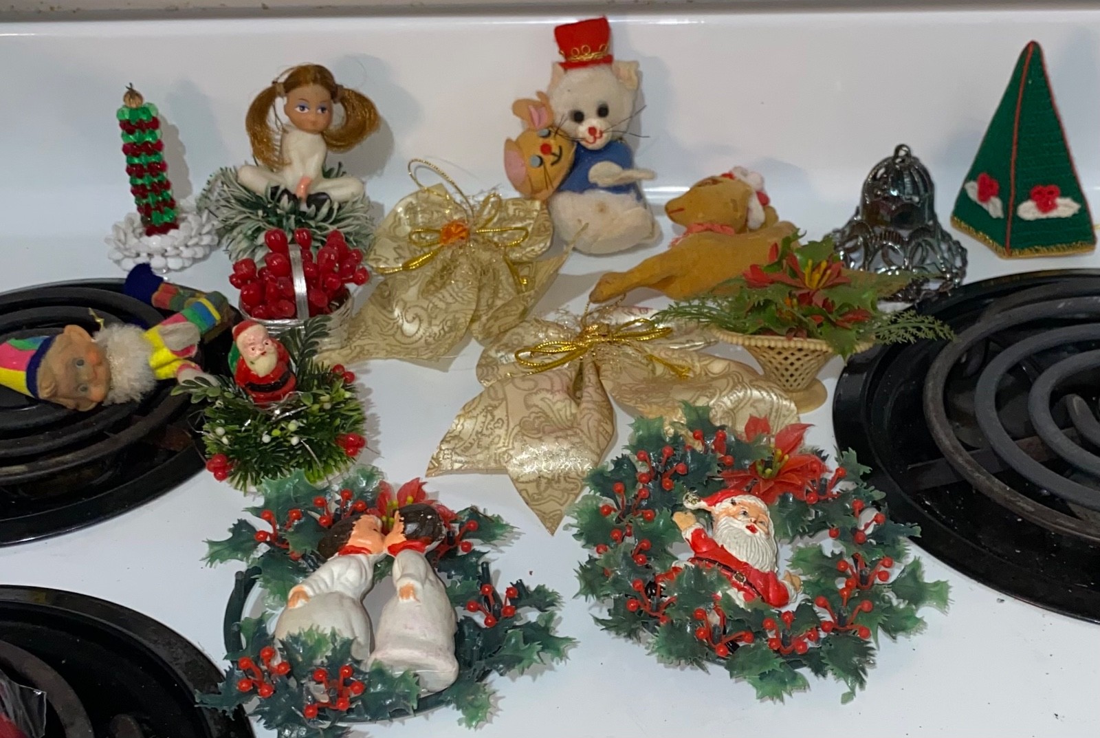 Vtg Kitschy Christmas Ornament Lot Flocked Animal Deer Pixie Elf Santa Candle Ri Vtg Kitschy Christmas Ornament Lot Flocked Animal Deer Pixie Elf Santa Candle Ri