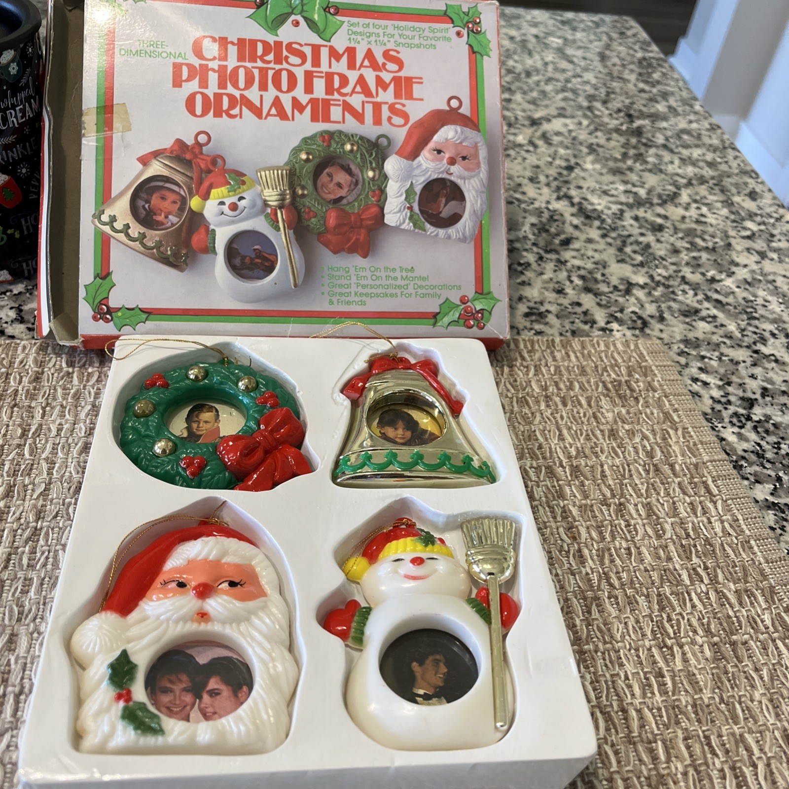 Vintage Three Dimensional Christmas Photo Frame Ornaments/Keepsakes Set Of Four