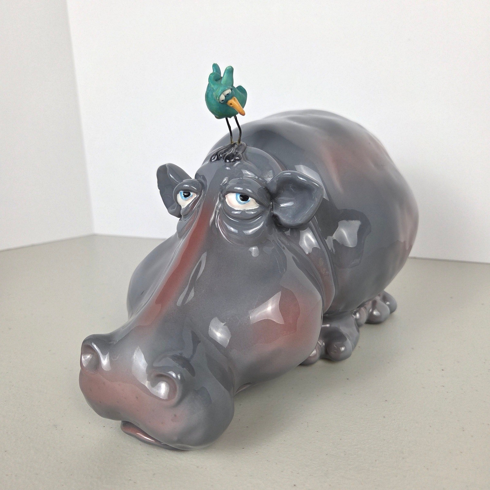 Kookie Kritters Ceramic Hippo Figurine with Bird Art Pottery Sculpture 7x10.5"