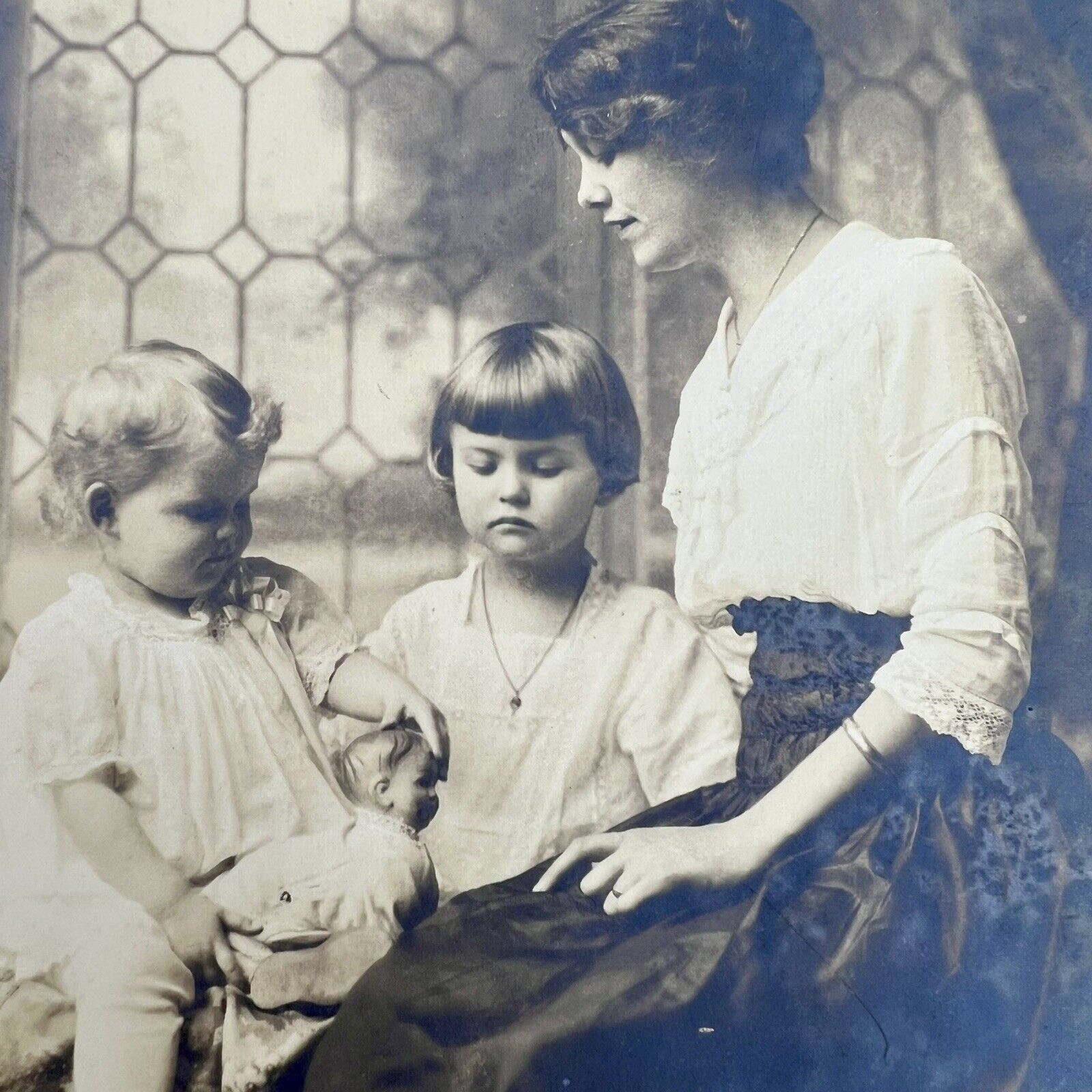 Antique Photograph Mother Children Baby Doll Portrait Gorgeous Identified c.1914