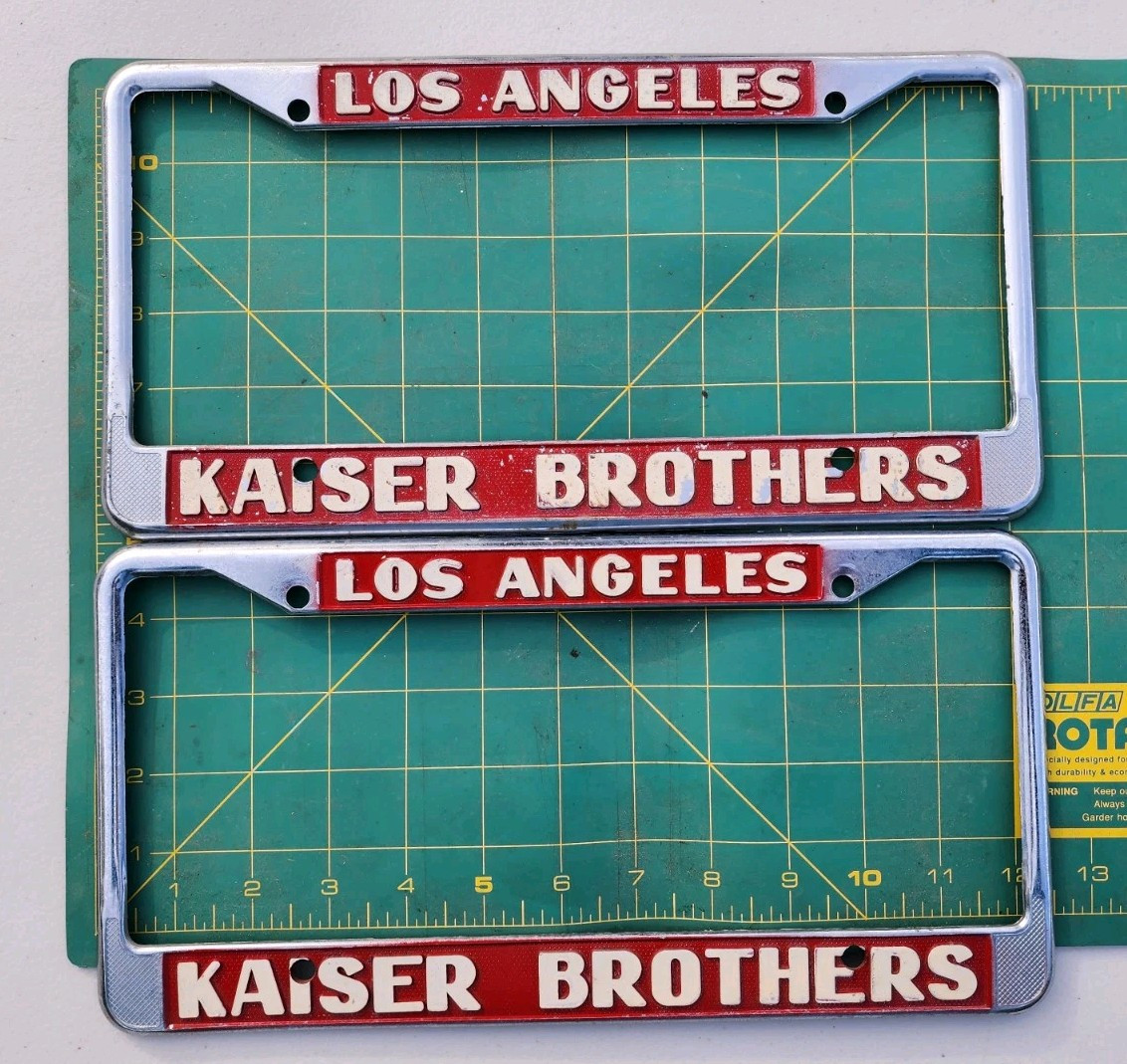 Vintage Kaiser Brothers Oldsmobile Los Angeles License Plate Frames Metal Set Vintage Kaiser Brothers Oldsmobile Los Angeles License Plate Frames Metal Set