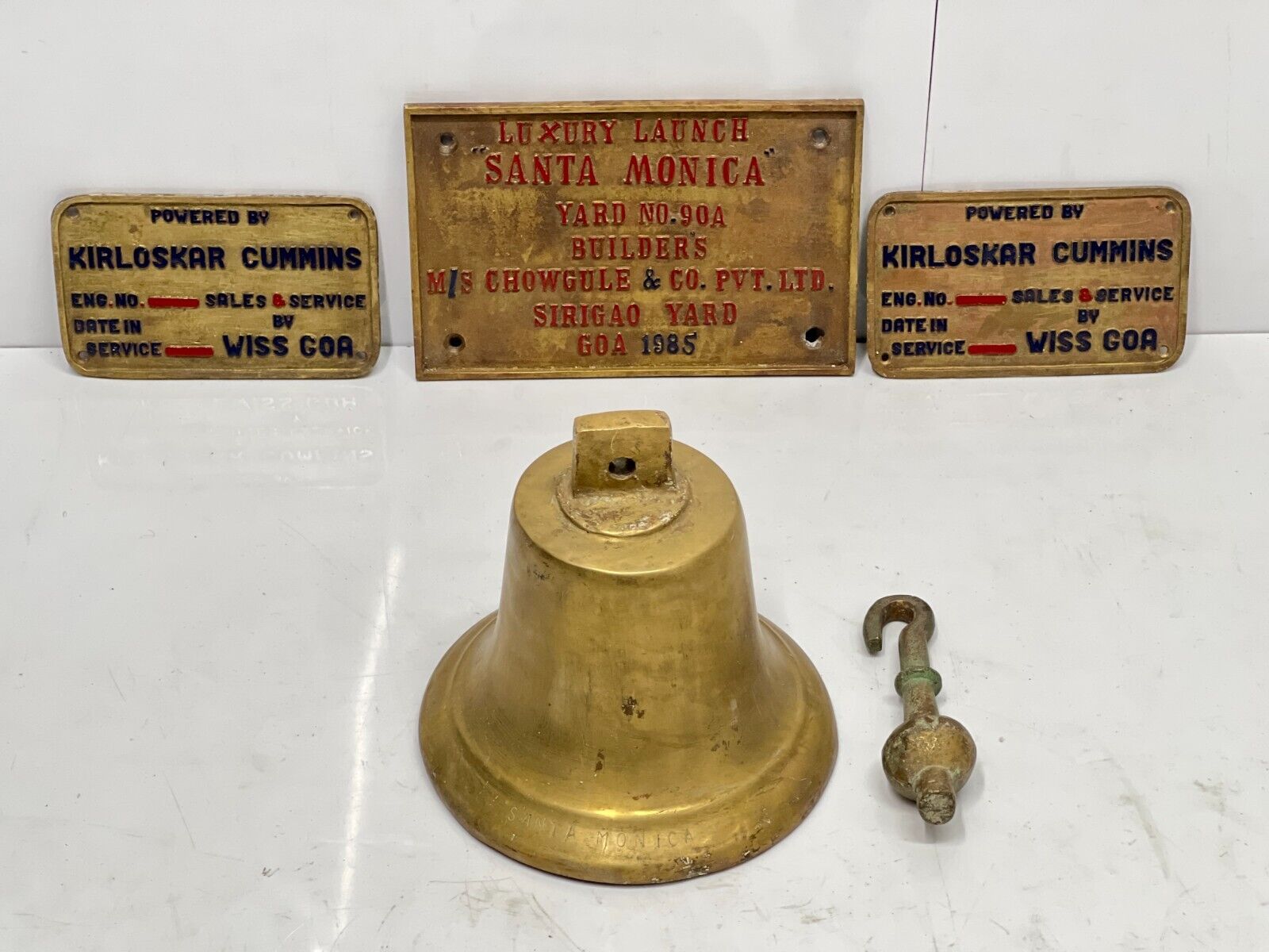 Original Brass Bell with Santa Monica & Kirloskar Cummins 3 Vintage Name Plates