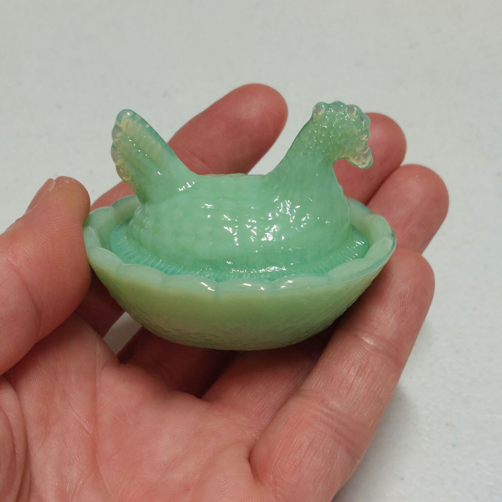Jadeite Depression Style Glass Mini Hen On Nest Chicken Salt Dish, Vintage Style Jadeite Depression Style Glass Mini Hen On Nest Chicken Salt Dish, Vintage Style
