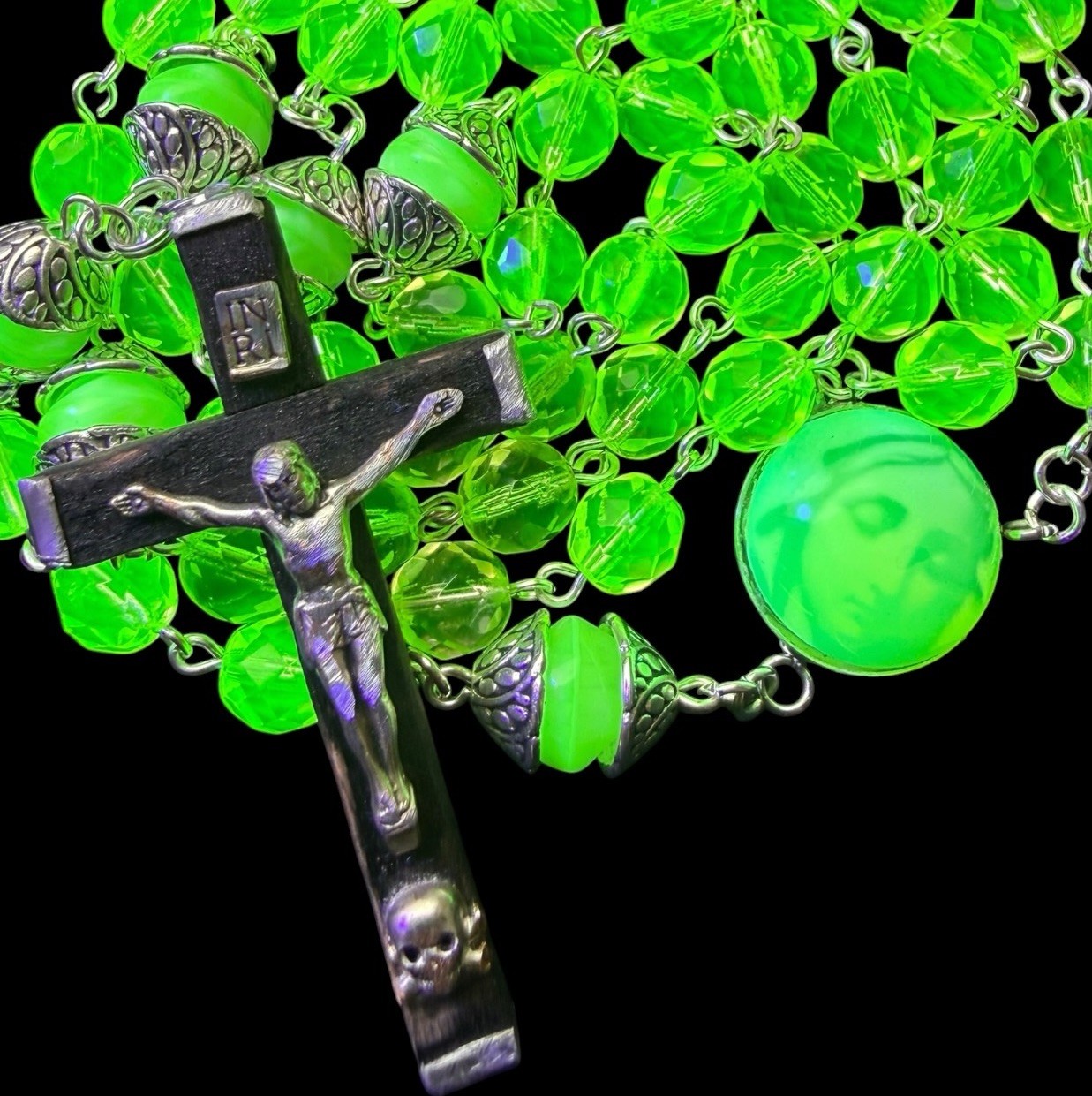 Vintage WW2 Uranium Glass XL Holy Rosary Vaseline Glass Glowing Green 22" #68 Vintage WW2 Uranium Glass XL Holy Rosary Vaseline Glass Glowing Green 22" #68
