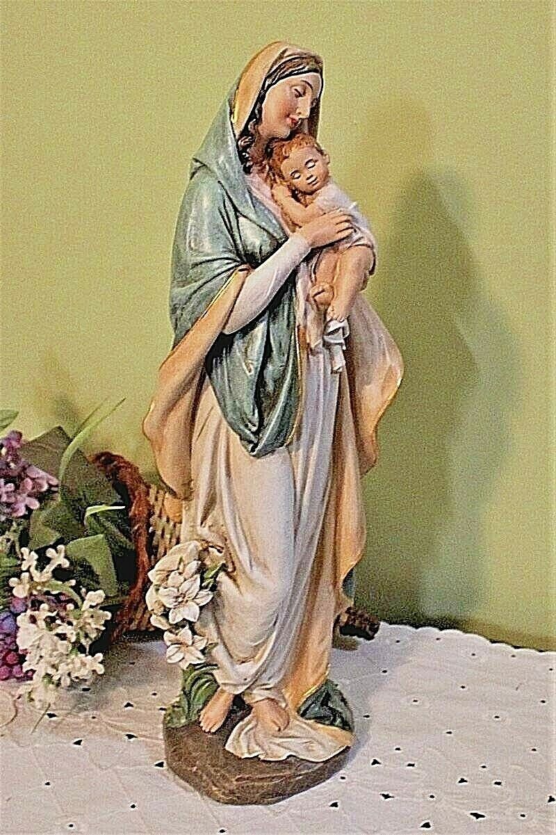 Madonna Statue 16 inch Holding Child Jesus Lilly Flowers Outdoor Mary Garden