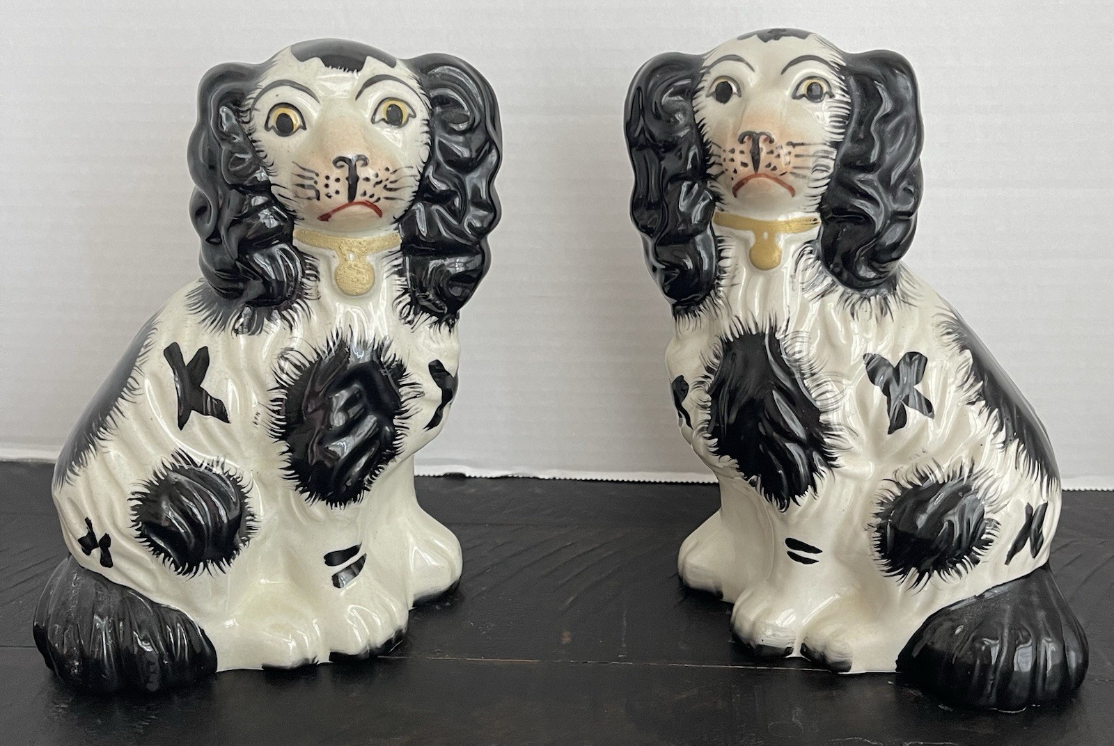 Vintage Black and White Ceramic Staffordshire Spaniel Dogs Pair Mantel 7.5"