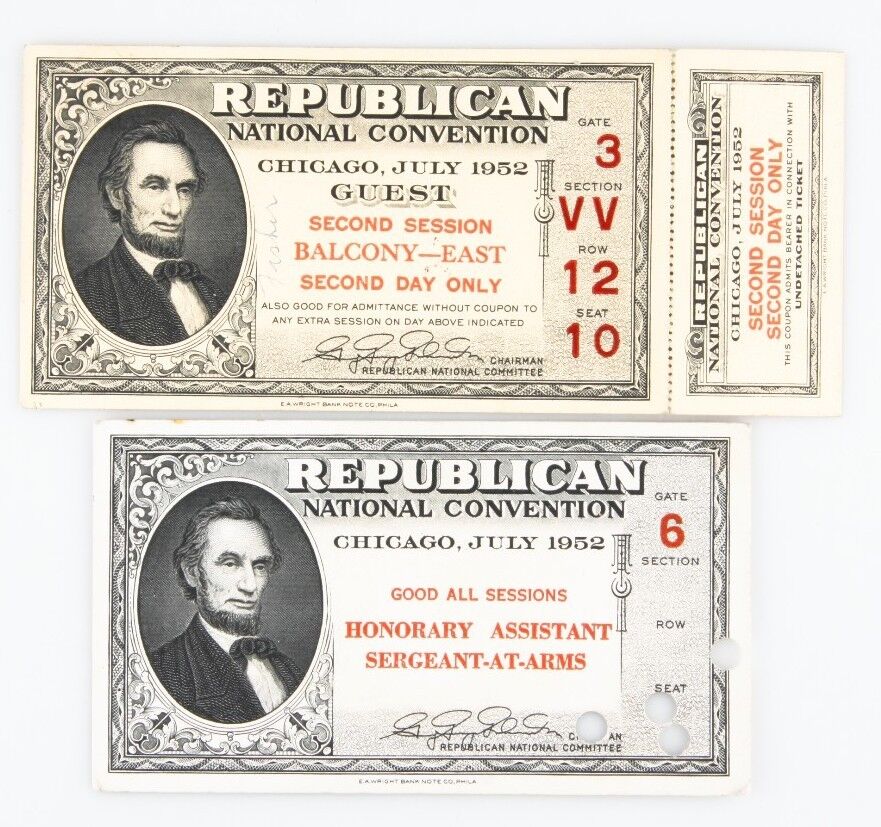 Lot of 2 1952 Republican National Convention Tickets (1 Unripped), AU Condition