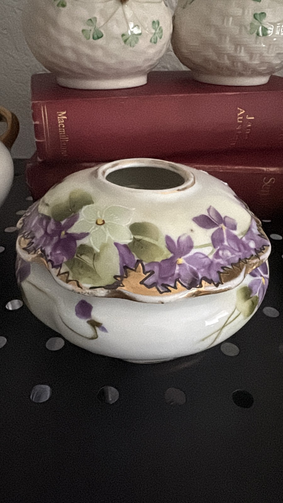 Limoges France T&V Porcelain Hair Receiver Hand Painted Purple Violets Limoges France T&V Porcelain Hair Receiver Hand Painted Purple Violets