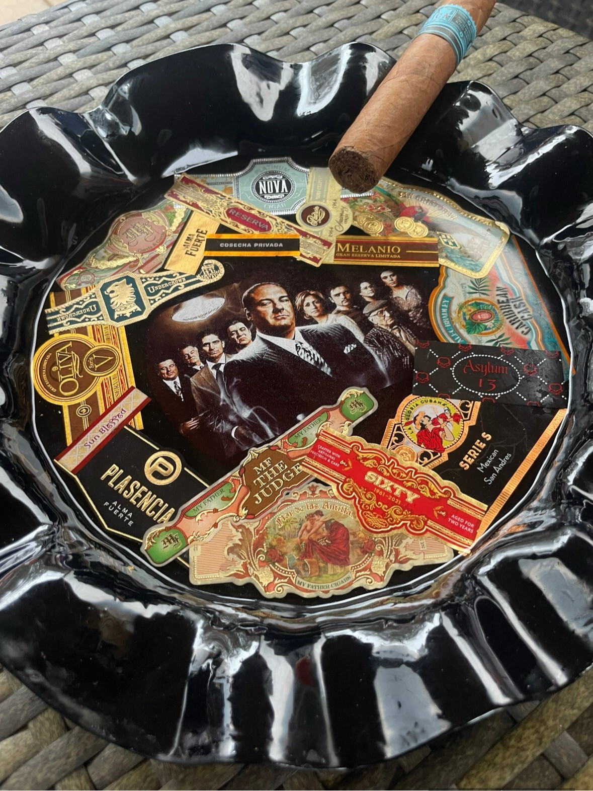 Soprano's Cigar Ashtray with Custom Cigar Band Collage - Handmade and Unique Soprano's Cigar Ashtray with Custom Cigar Band Collage - Handmade and Unique