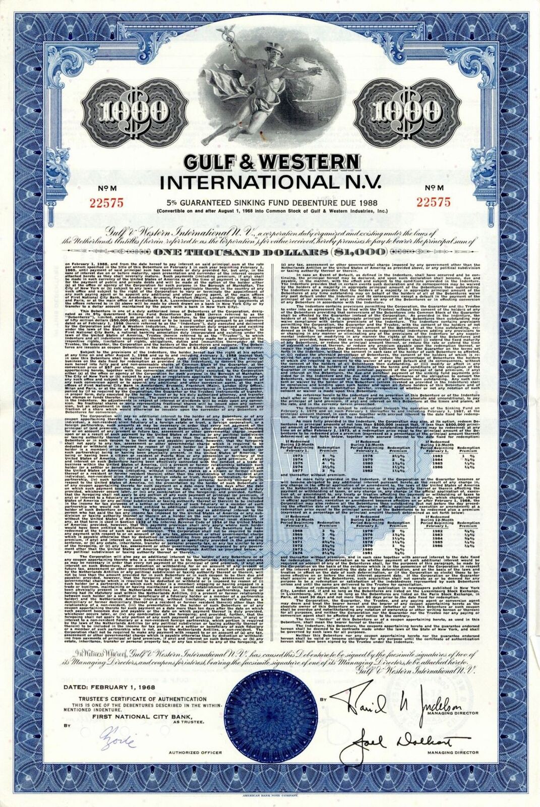 Gulf and Western International N.V. - dated 1968 Netherlands $1,000 Sinking Fund