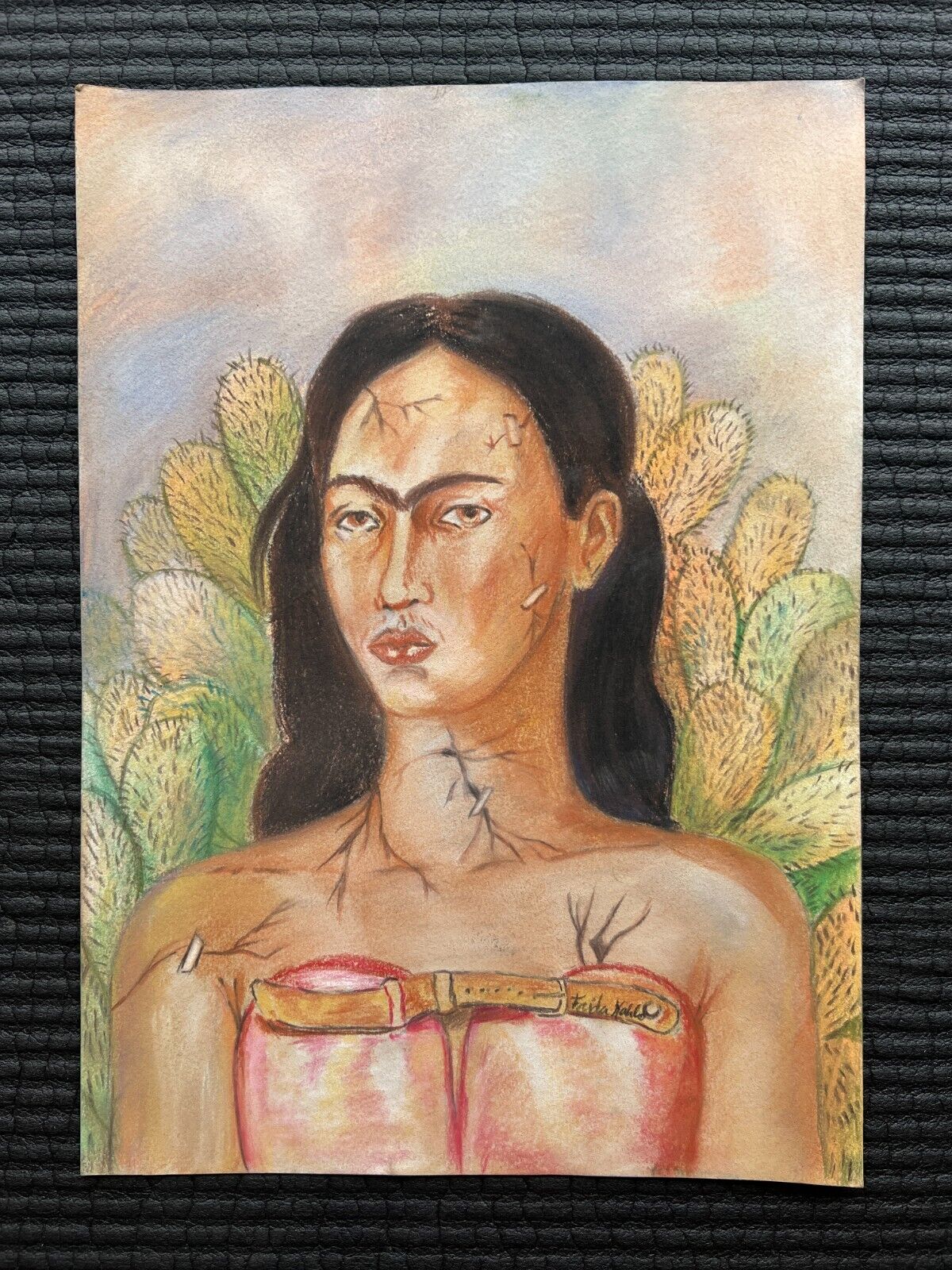 Frida Kahlo Drawing on paper (Handmade) signed and stamped vtg art