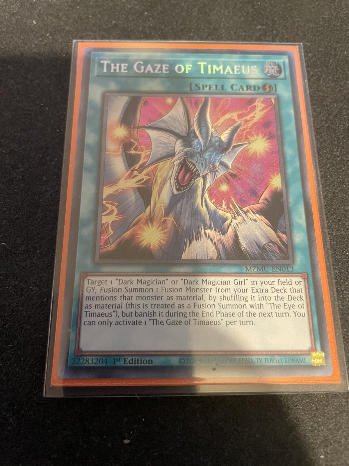 THE GAZE OF TIMAEUS MZMU-EN013 SECRET RARE 1st EDITION YUGIOH Pack to sleeve THE GAZE OF TIMAEUS MZMU-EN013 SECRET RARE 1st EDITION YUGIOH Pack to sleeve
