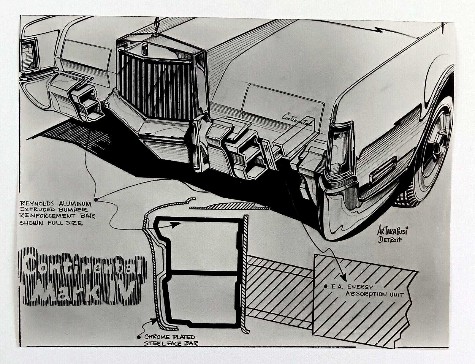 1970s Lincoln Continental Mark IV Artist Drawing Front Bumper VTG Press Photo