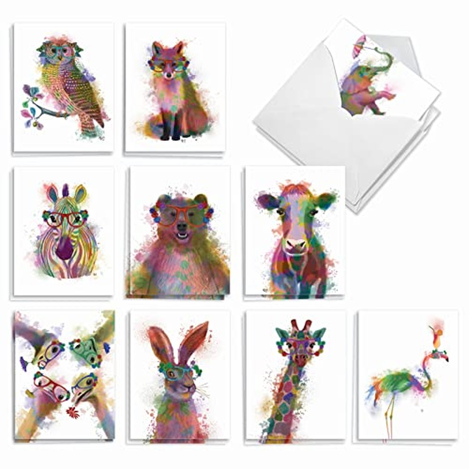 Best Card Co 20 Watercolor Animal Notes Box Set Rainbow AM4948OCB-B2x10