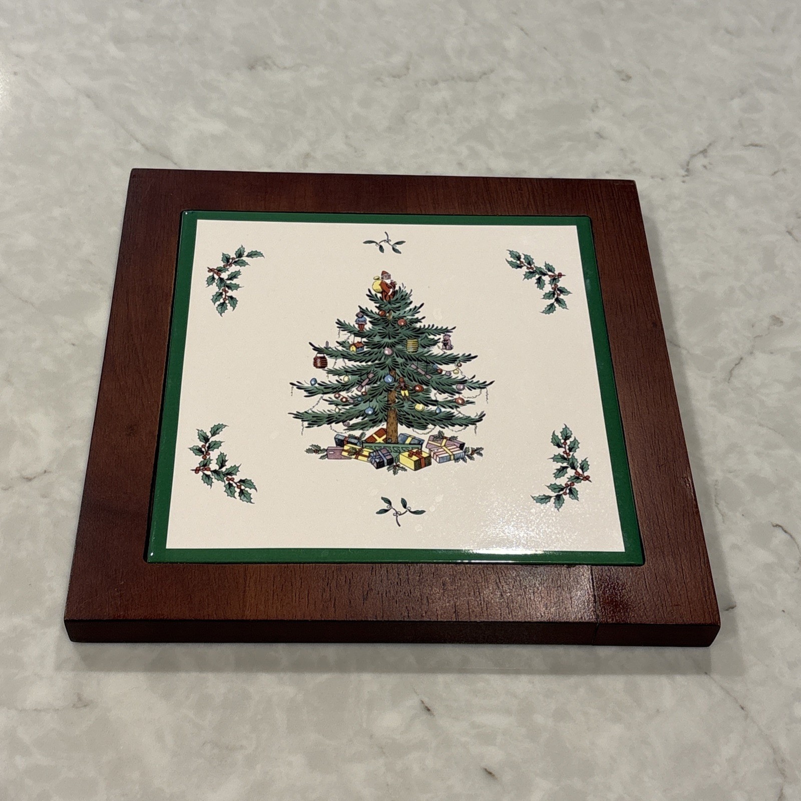 VTG Rare Spode Christmas Tree Trivet Wood Framed Ceramic Tile 8x8” Hot Dish Tray VTG Rare Spode Christmas Tree Trivet Wood Framed Ceramic Tile 8x8” Hot Dish Tray