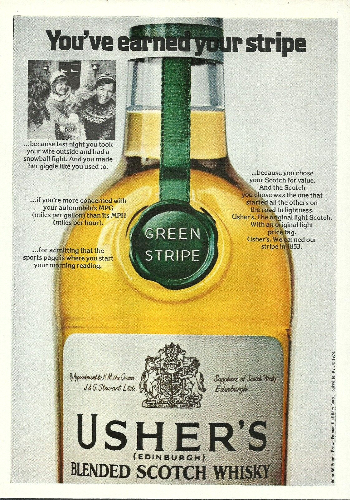 1974 Usher\'s Green Stripe Scotch Whisky Wife Snowball Fight vintage Print Ad