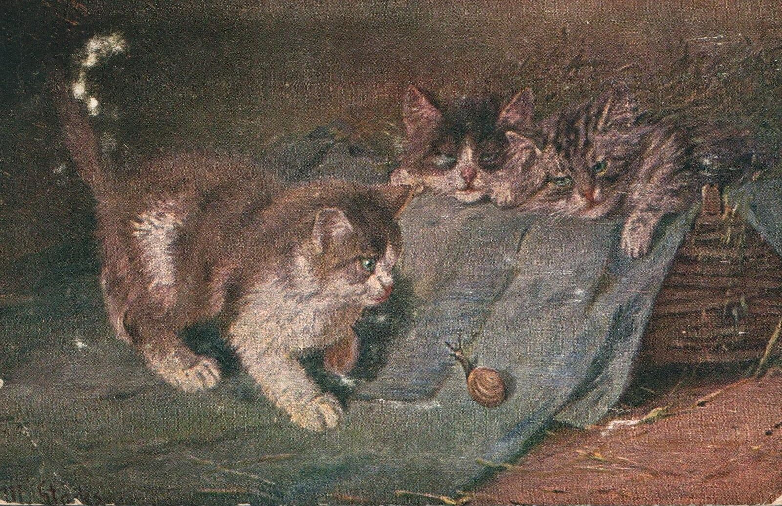 1907 ANTIQUE Hildesheimer Pretty Pussies Kittens with Snail POSTCARD Up Hawthorn