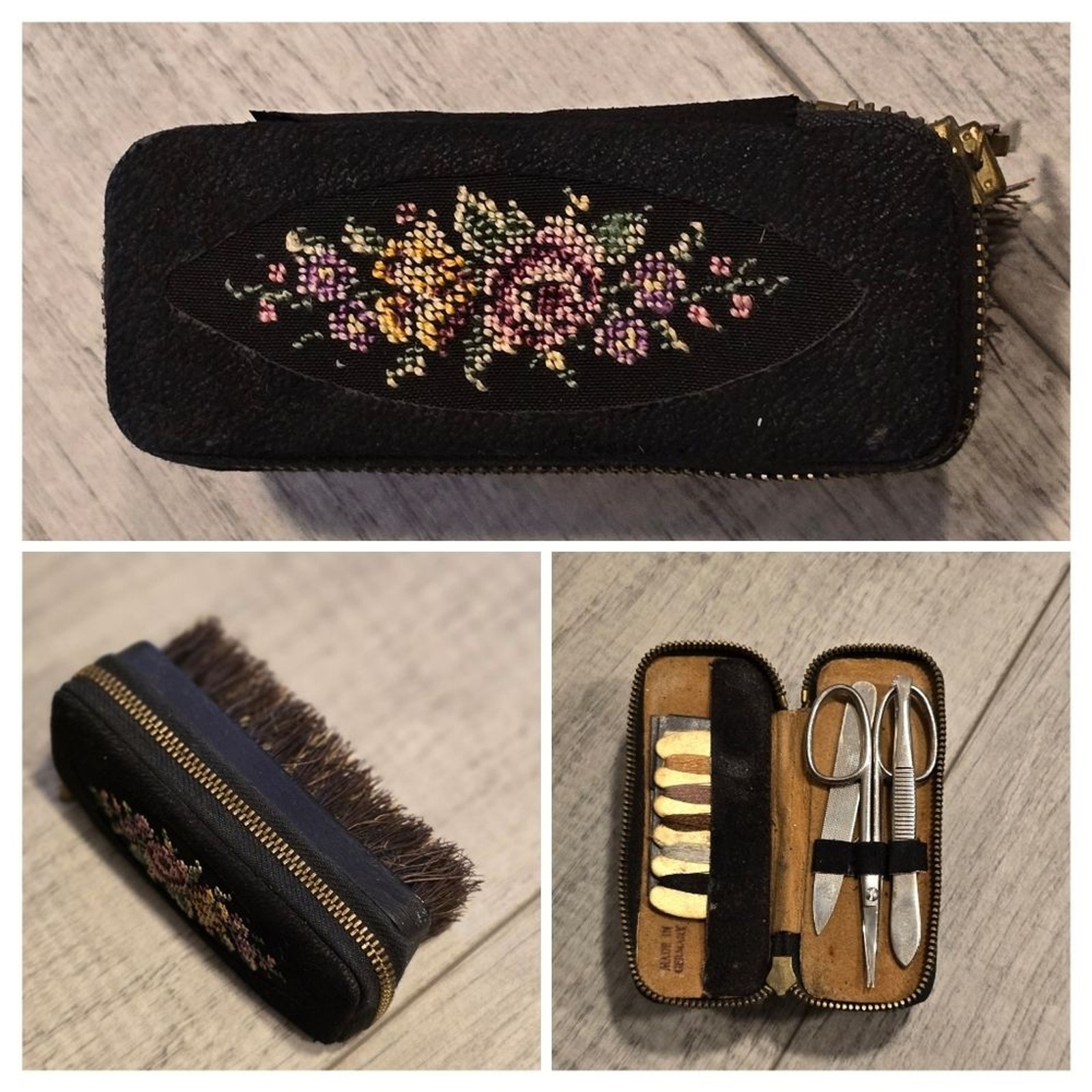 Vintage Antique Germany Embroidered Flowers Travel Kit Brush Vintage Antique Germany Embroidered Flowers Travel Kit Brush