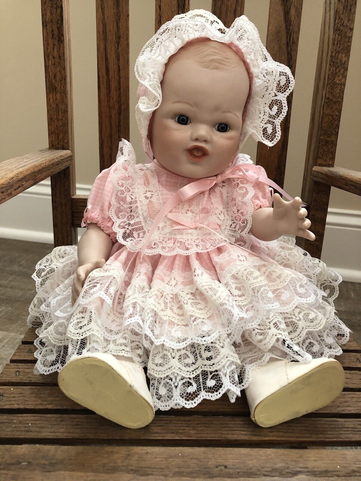 Vintage Artist Reproduction Laughing Baby BJD Porcelain Doll Pink Dress