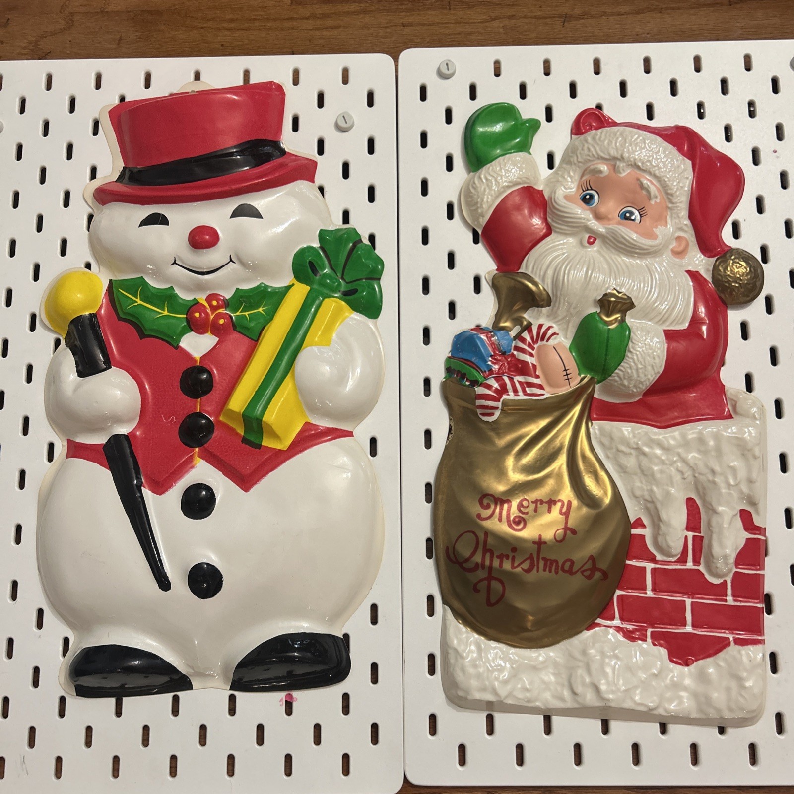 TWO Vintage Christmas Molded Plastic Santa Snowman Wall Hanging NEW OLD STOCK TWO Vintage Christmas Molded Plastic Santa Snowman Wall Hanging NEW OLD STOCK
