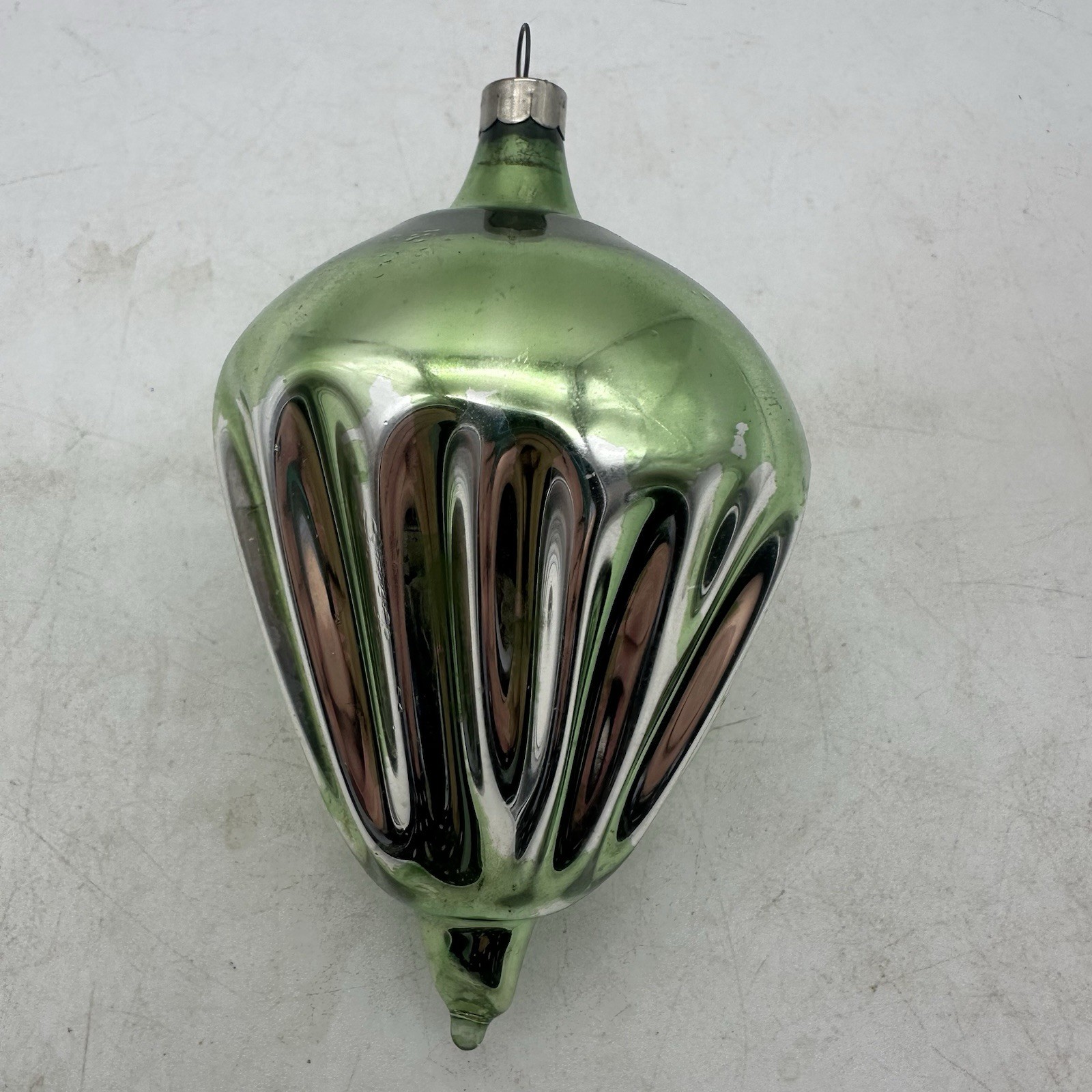 Vtg HEIM Glass Christmas Ornament Pre WWII Light Green Fluted Parachute 5" *READ Vtg HEIM Glass Christmas Ornament Pre WWII Light Green Fluted Parachute 5" *READ