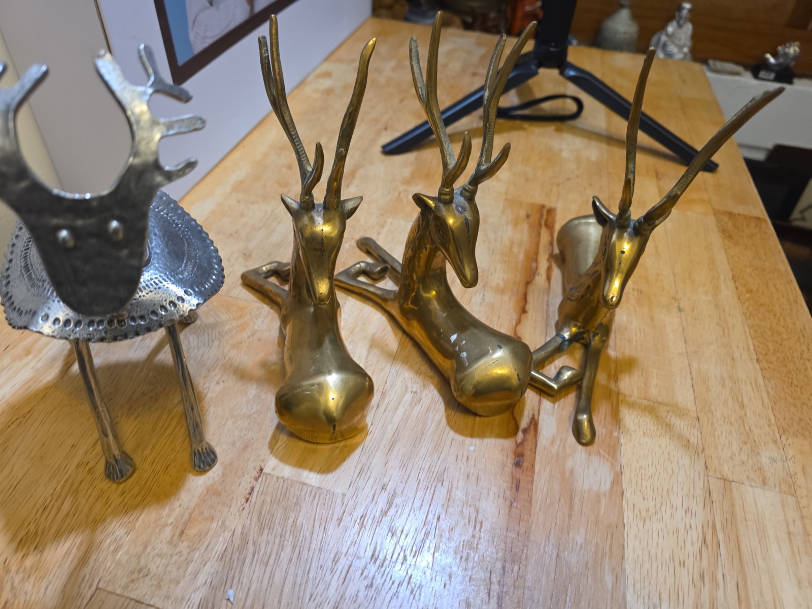 Three Vintage Large Solid Brass MCM Laying Stag Deers Three Vintage Large Solid Brass MCM Laying Stag Deers
