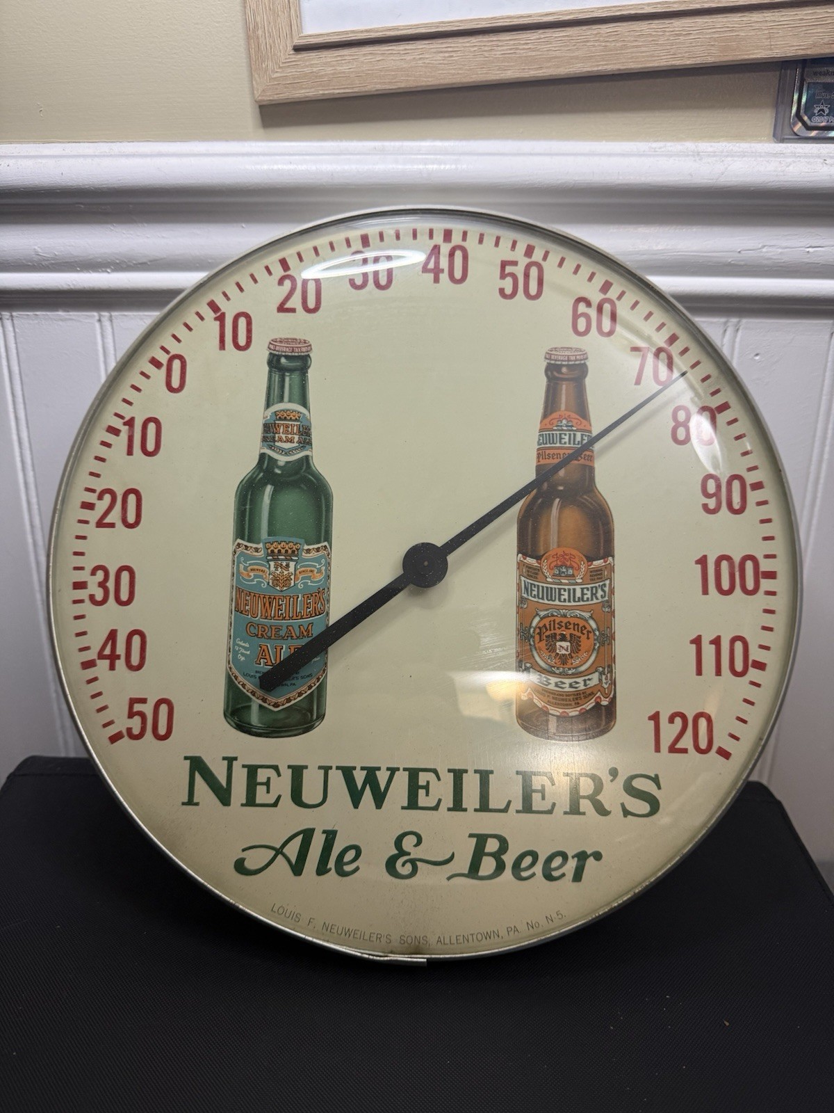 1940'S NEUWEILER BEER 12" THERMOMETER SIGN GLASS & METAL ALLENTOWN PA-Lot 319