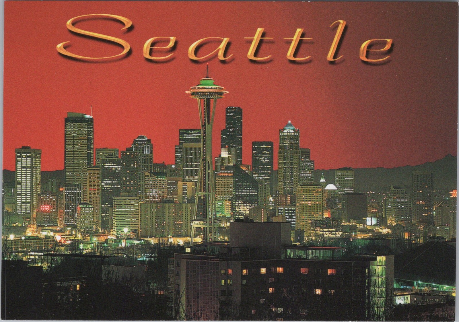 Seattle Washington WA Seattle skyline at night, including 4x6 Postcard