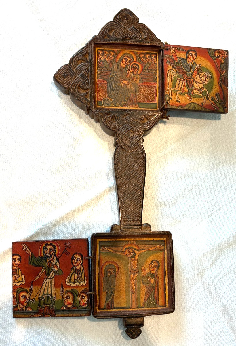 Ethiopian Coptic Orthodox Wooden Icon Triptych Hand Painted Virgin Mary UNIQUE