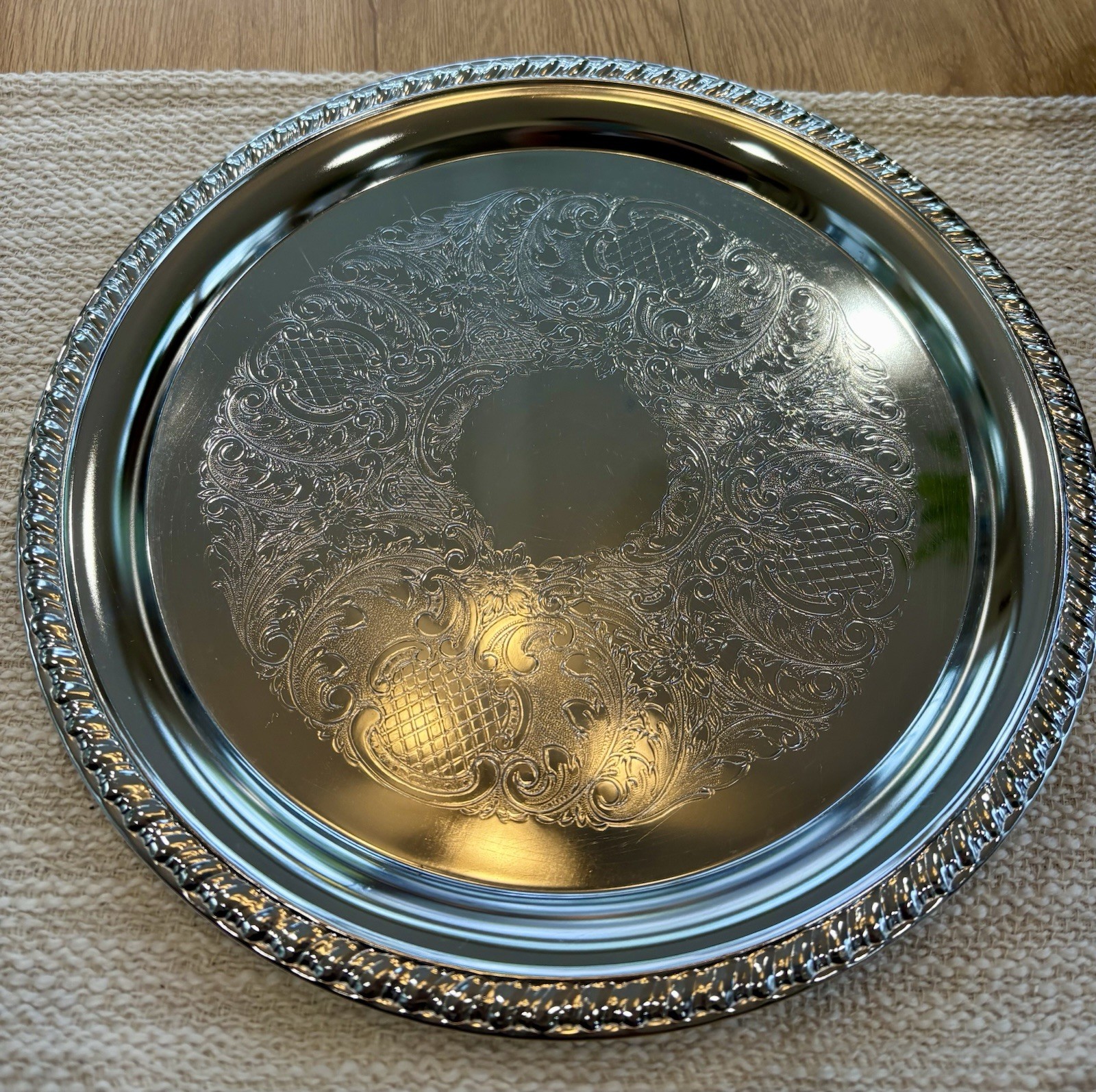 Vintage Irvinware 12.5" Round Serving Tray Chrome Plated Etched Floral USA Vintage Irvinware 12.5" Round Serving Tray Chrome Plated Etched Floral USA