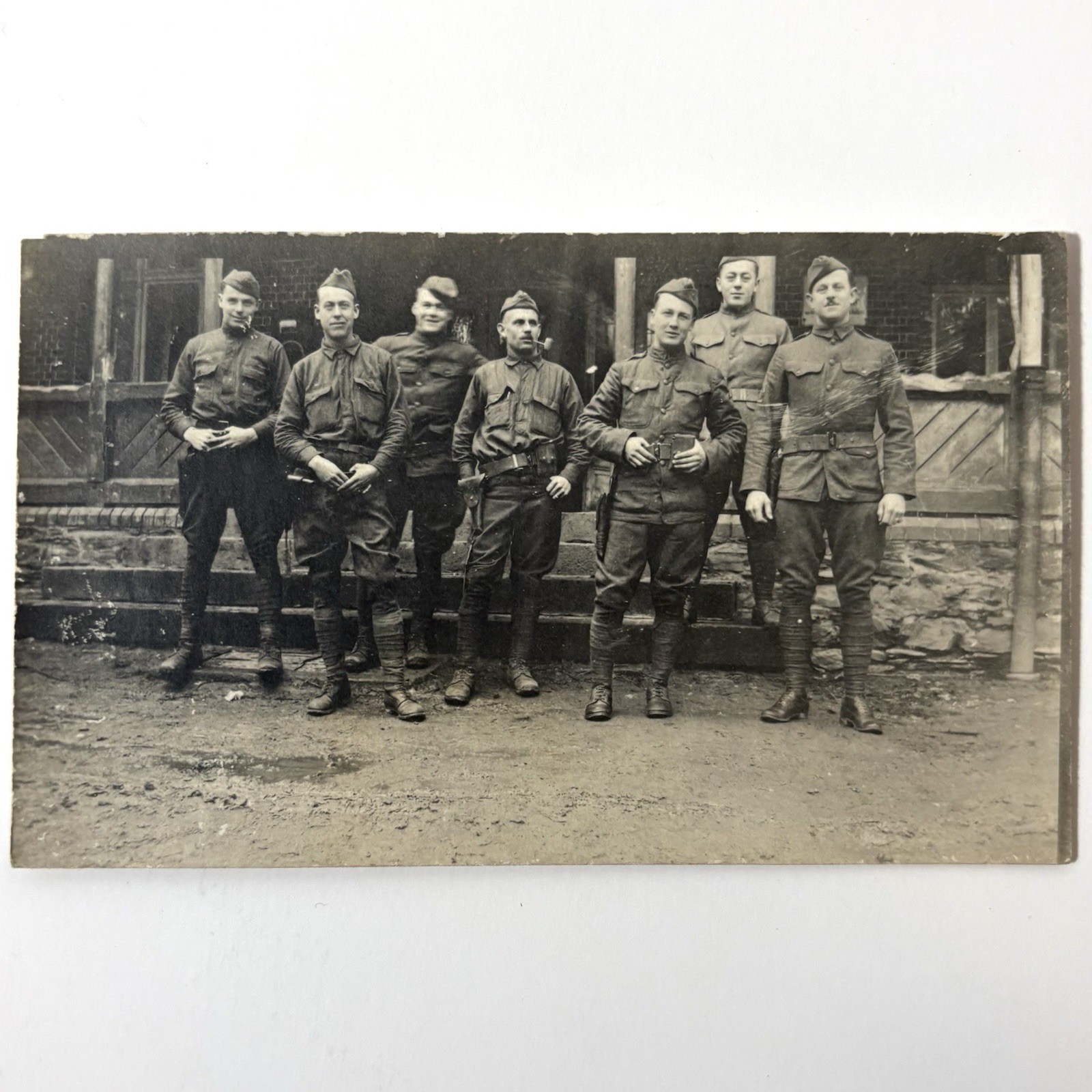 Vintage WWI US Army Soldiers Officers Uniforms Smoking Pipes Group Photo RPPC