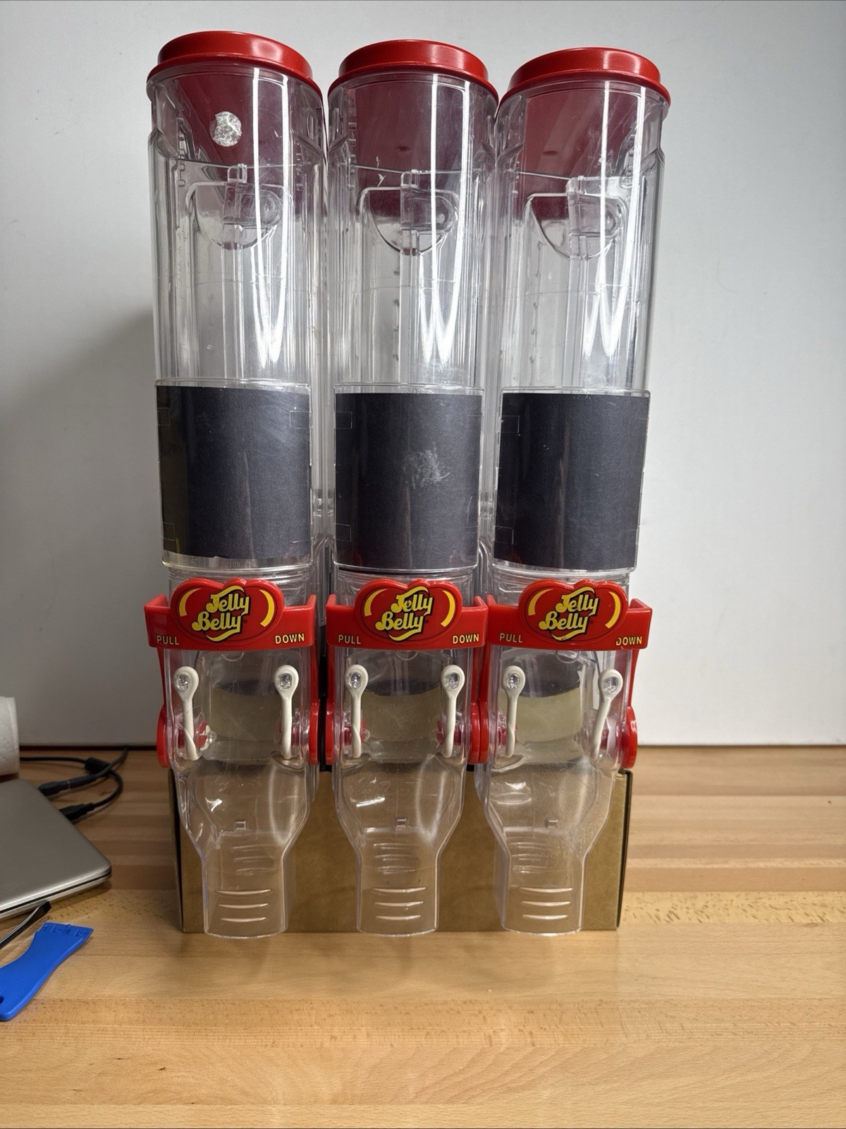 Lot of 3 Vintage Jelly Belly Candy Dispensers | Triple Acrylic Gravity Feed Red Lot of 3 Vintage Jelly Belly Candy Dispensers | Triple Acrylic Gravity Feed Red