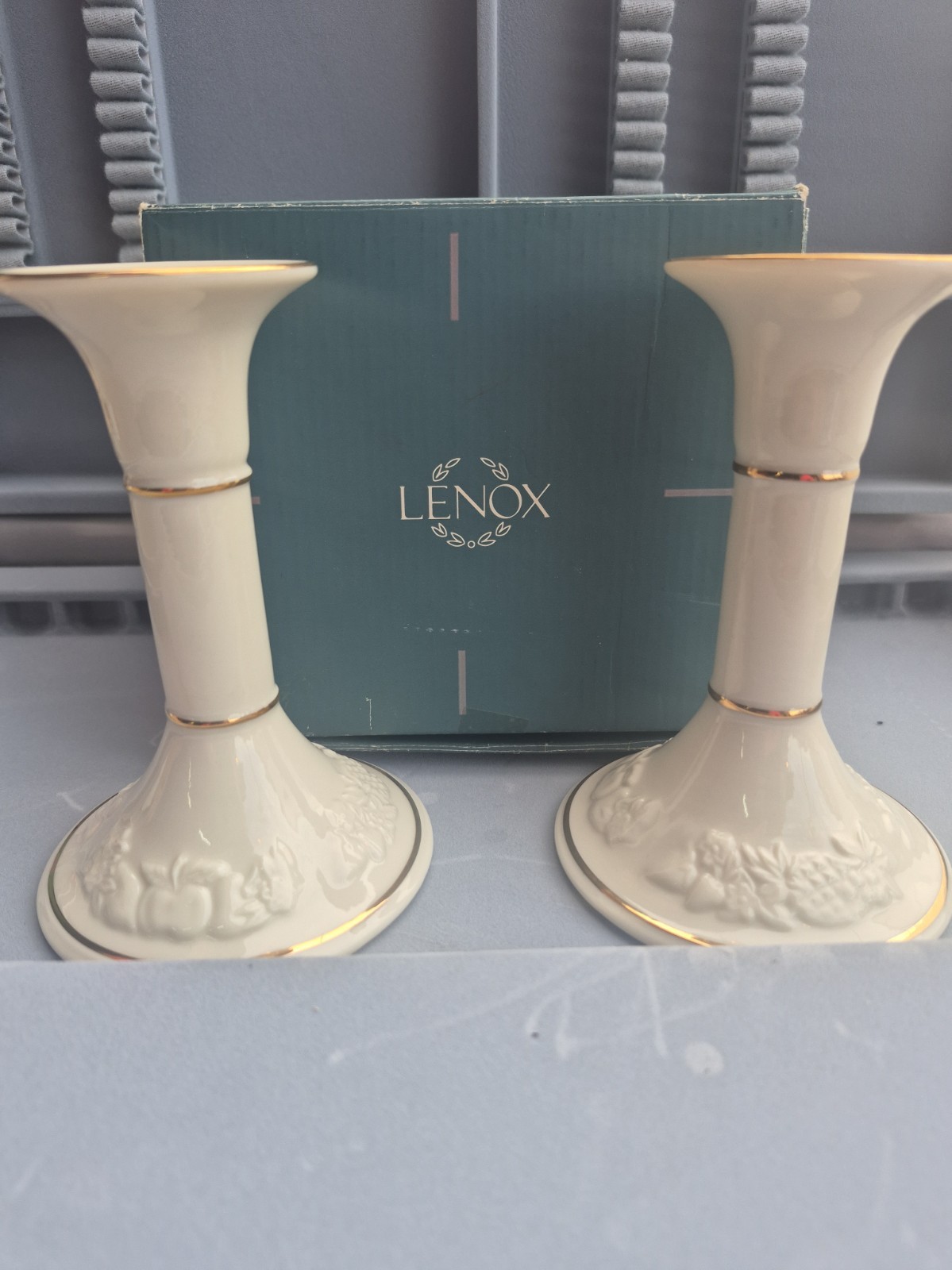 Vintage Lenox 1989 Fruits of Life Candle Holders Fine Ivory China Gold Trim USA