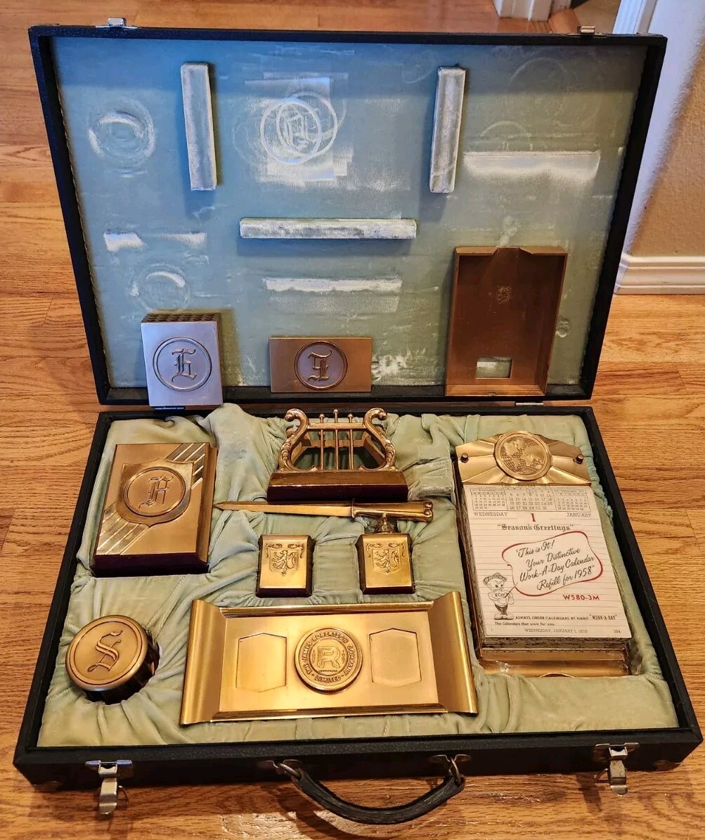 Antique 1957 Brass Desk Set With Lighter, 1958 Paper Calendar James Robertson Co Antique 1957 Brass Desk Set With Lighter, 1958 Paper Calendar James Robertson Co