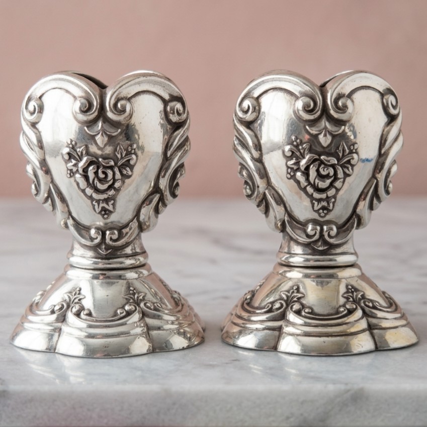 2 Brighton Taper Candle Stick Holders Primrose Heart Shaped Silver Hue 3.5" Read 2 Brighton Taper Candle Stick Holders Primrose Heart Shaped Silver Hue 3.5" Read