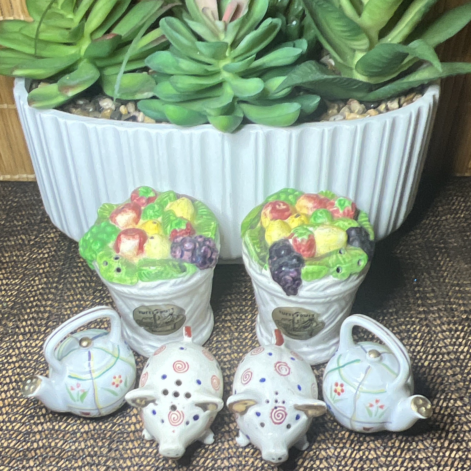 Vintage Japan Ceramic Salt & Pepper Shakers Lot Fruit Basket Teapot Pigs
