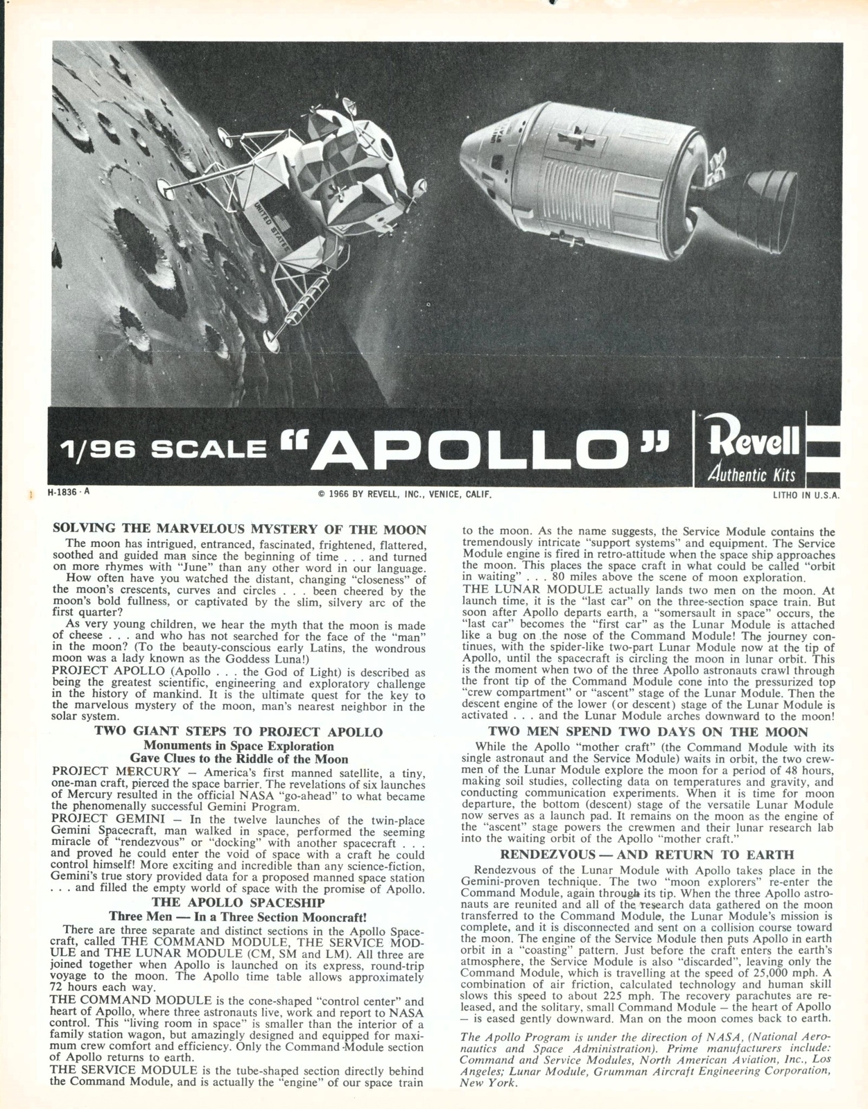 1966 NASA Project Apollo Moon Landing Revell Model Kit Original Instructions USA 1966 NASA Project Apollo Moon Landing Revell Model Kit Original Instructions USA