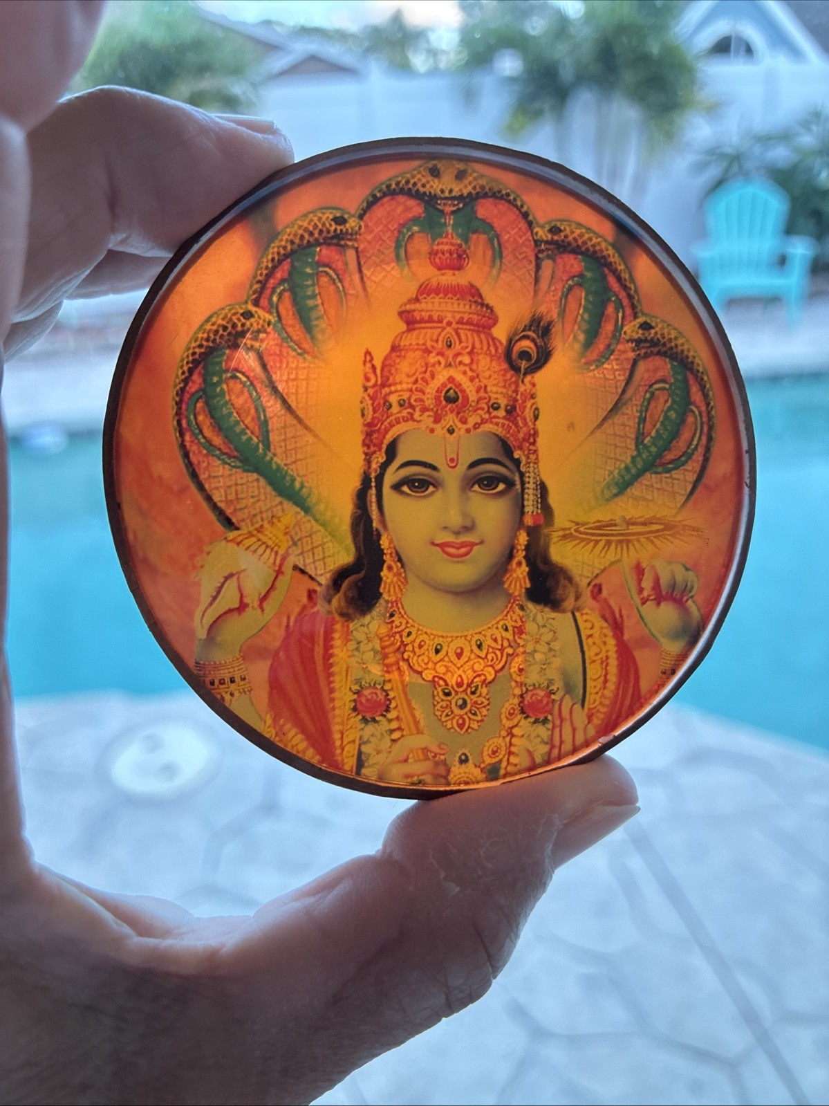 Vintage Hindu Lord Vishnu Inverse Painted Glass Amulet With Copper Metal Edge Vintage Hindu Lord Vishnu Inverse Painted Glass Amulet With Copper Metal Edge