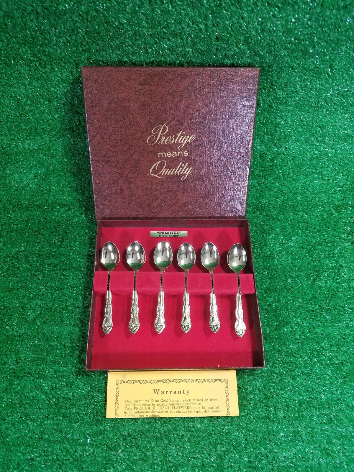(6) Prestige Cutlery 24K Gold Vermeil Plated Demitasse Spoons in Box Excellent